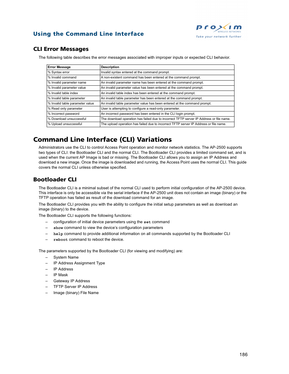 Cli error messages, Command line interface (cli) variations, Bootloader cli | Proxim ORiNOCO AP-2500 User Manual | Page 186 / 250