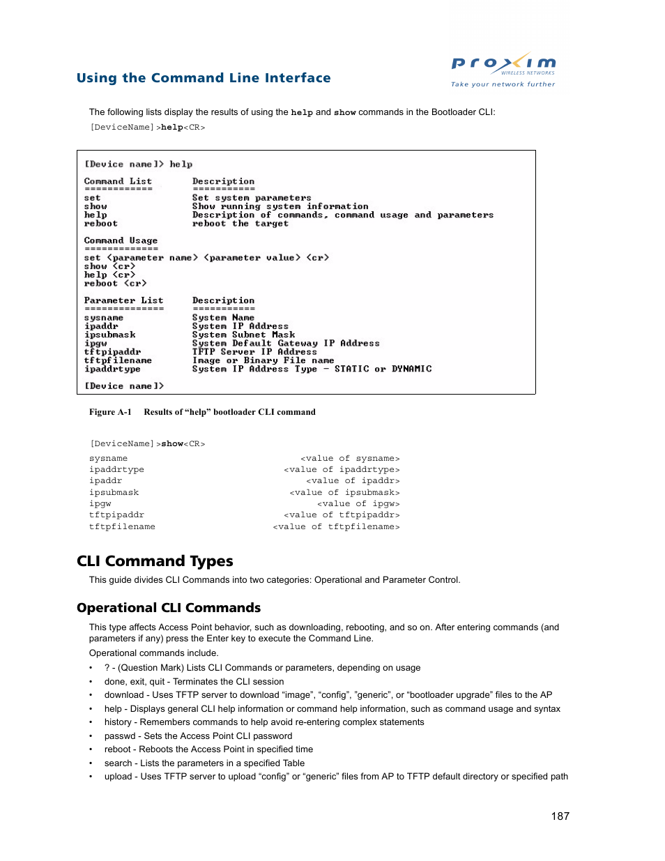 Cli command types, Operational cli commands, Using the command line interface | Proxim ORiNOCO AP-2500 User Manual | Page 187 / 250