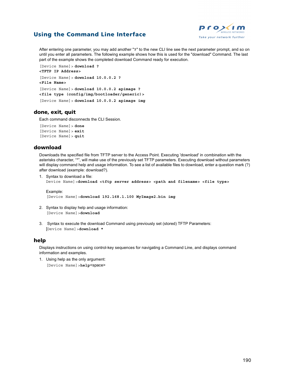 Done, exit, quit download help, Using the command line interface | Proxim ORiNOCO AP-2500 User Manual | Page 190 / 250