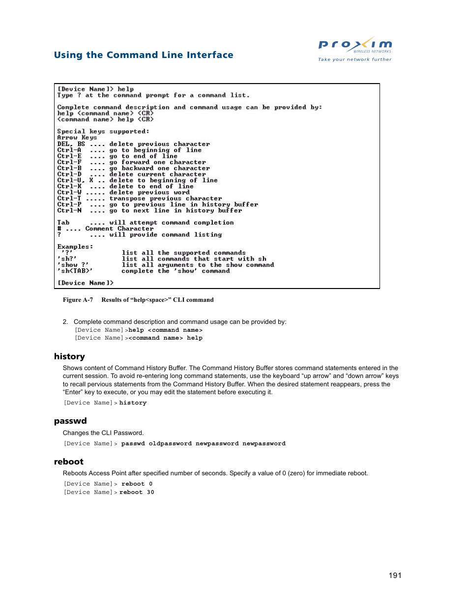 History passwd reboot, Using the command line interface | Proxim ORiNOCO AP-2500 User Manual | Page 191 / 250