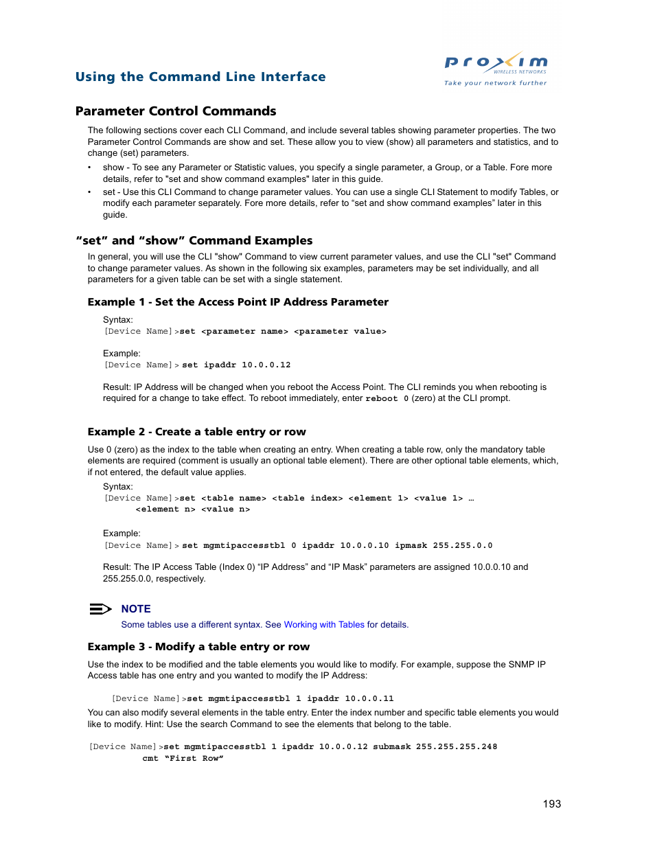 Parameter control commands, Set” and “show” command examples | Proxim ORiNOCO AP-2500 User Manual | Page 193 / 250