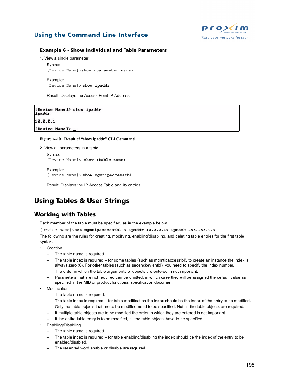 Using tables & user strings, Working with tables, Using the command line interface | Proxim ORiNOCO AP-2500 User Manual | Page 195 / 250