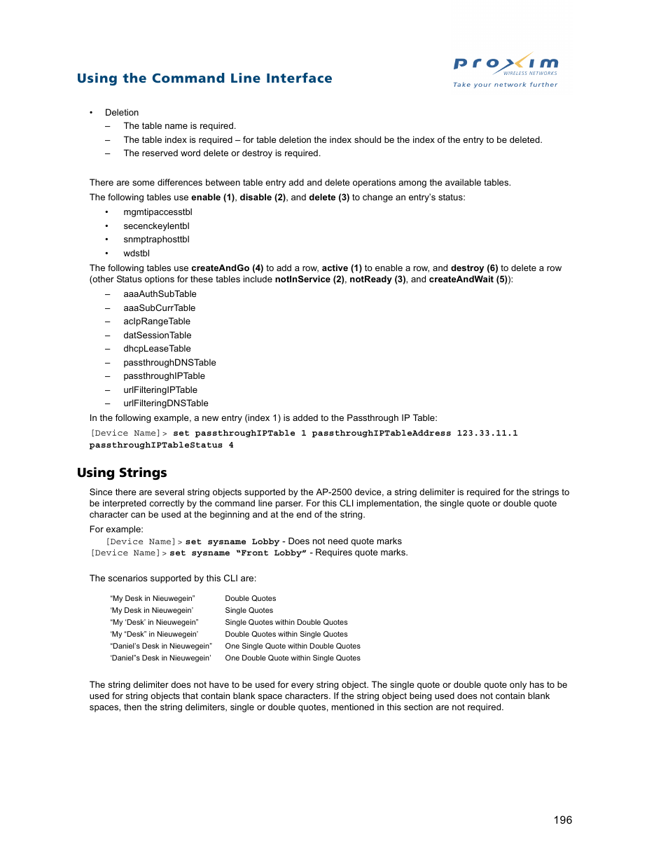 Using strings, Using the command line interface | Proxim ORiNOCO AP-2500 User Manual | Page 196 / 250