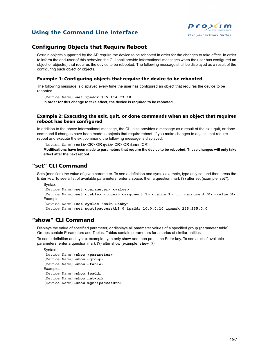 Configuring objects that require reboot, Set” cli command, Show” cli command | Proxim ORiNOCO AP-2500 User Manual | Page 197 / 250