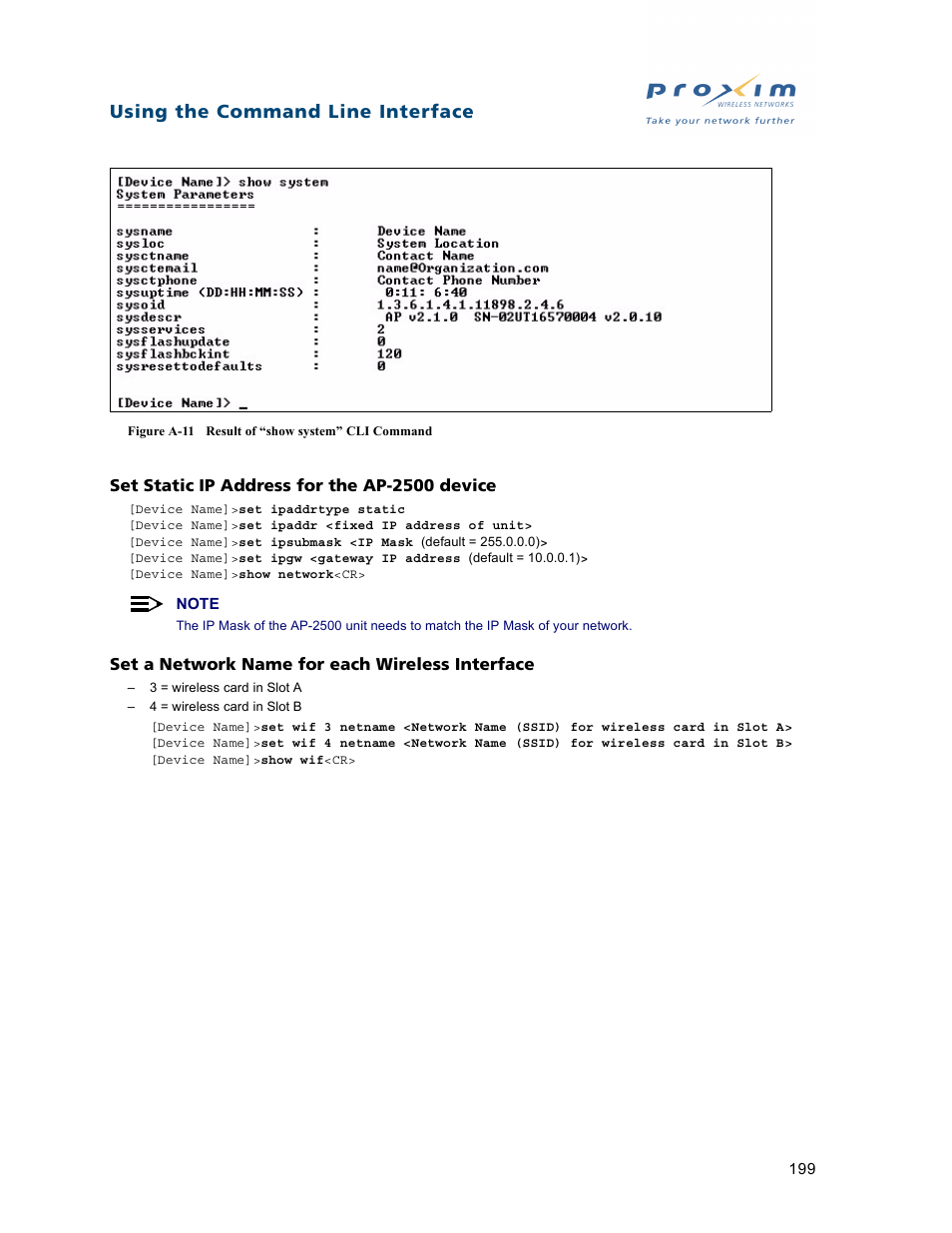 Set static ip address for the ap-2500 device, Set a network name for each wireless interface, Using the command line interface | Proxim ORiNOCO AP-2500 User Manual | Page 199 / 250