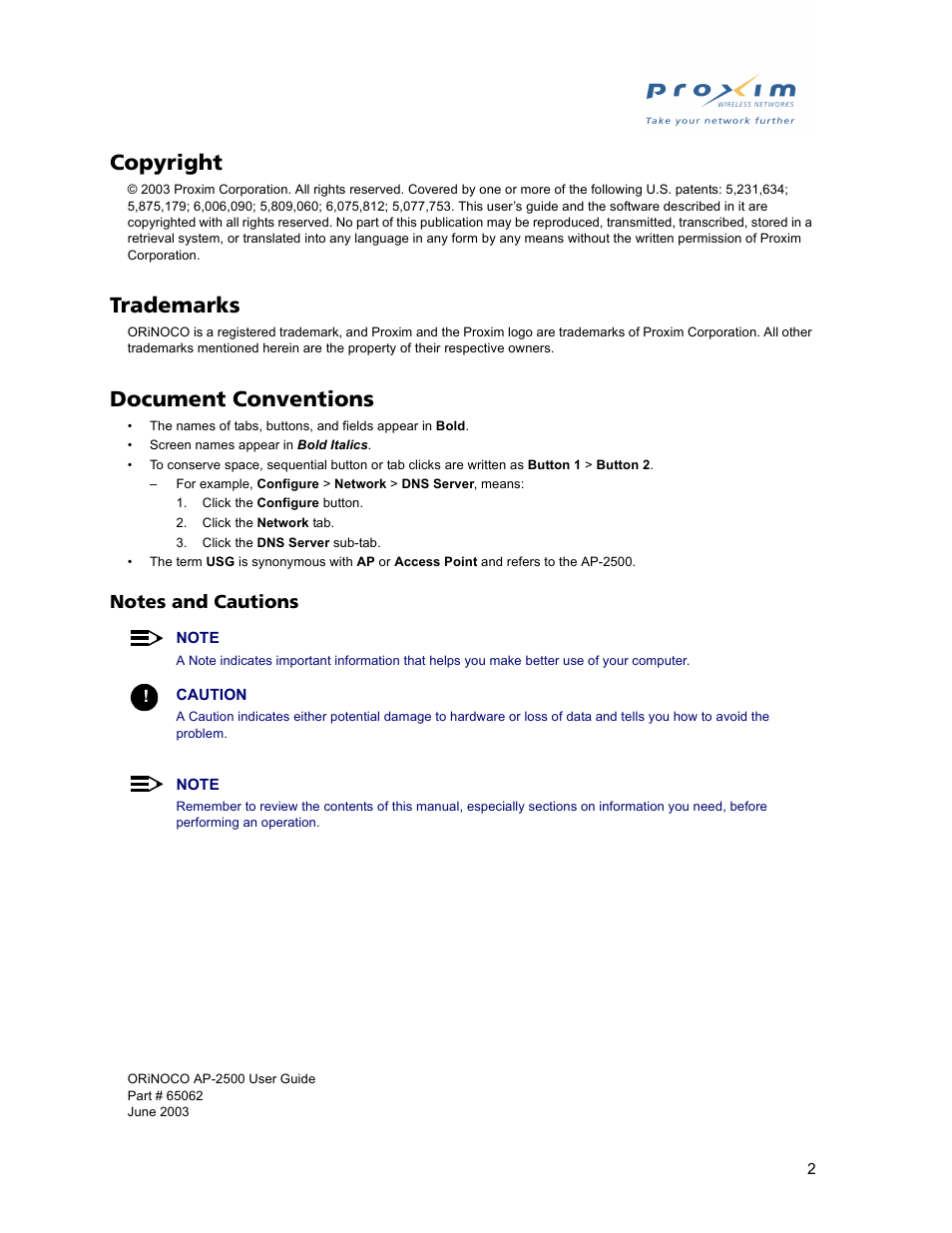 Copyright, Trademarks, Document conventions | Proxim ORiNOCO AP-2500 User Manual | Page 2 / 250