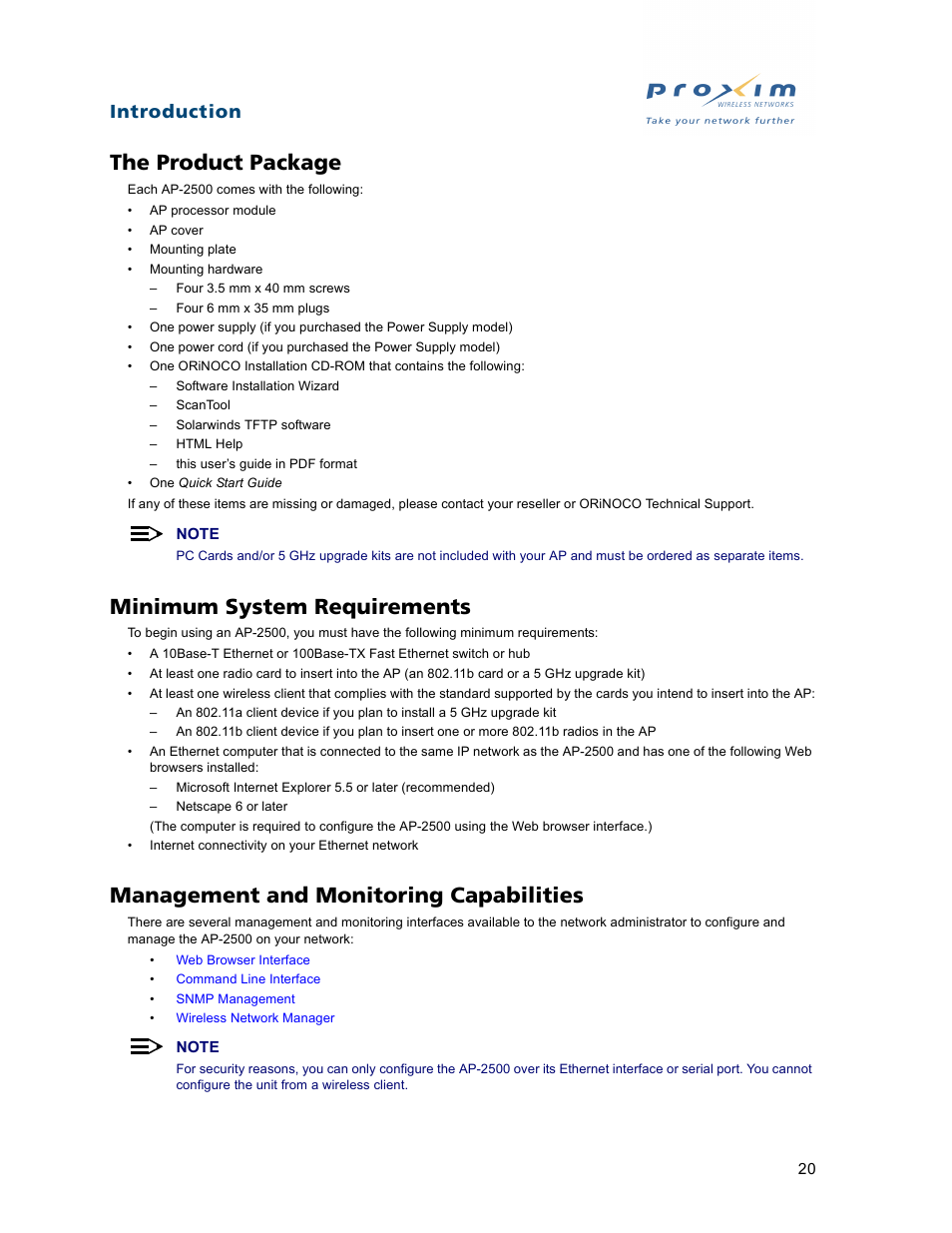 The product package, Minimum system requirements, Management and monitoring capabilities | Introduction | Proxim ORiNOCO AP-2500 User Manual | Page 20 / 250