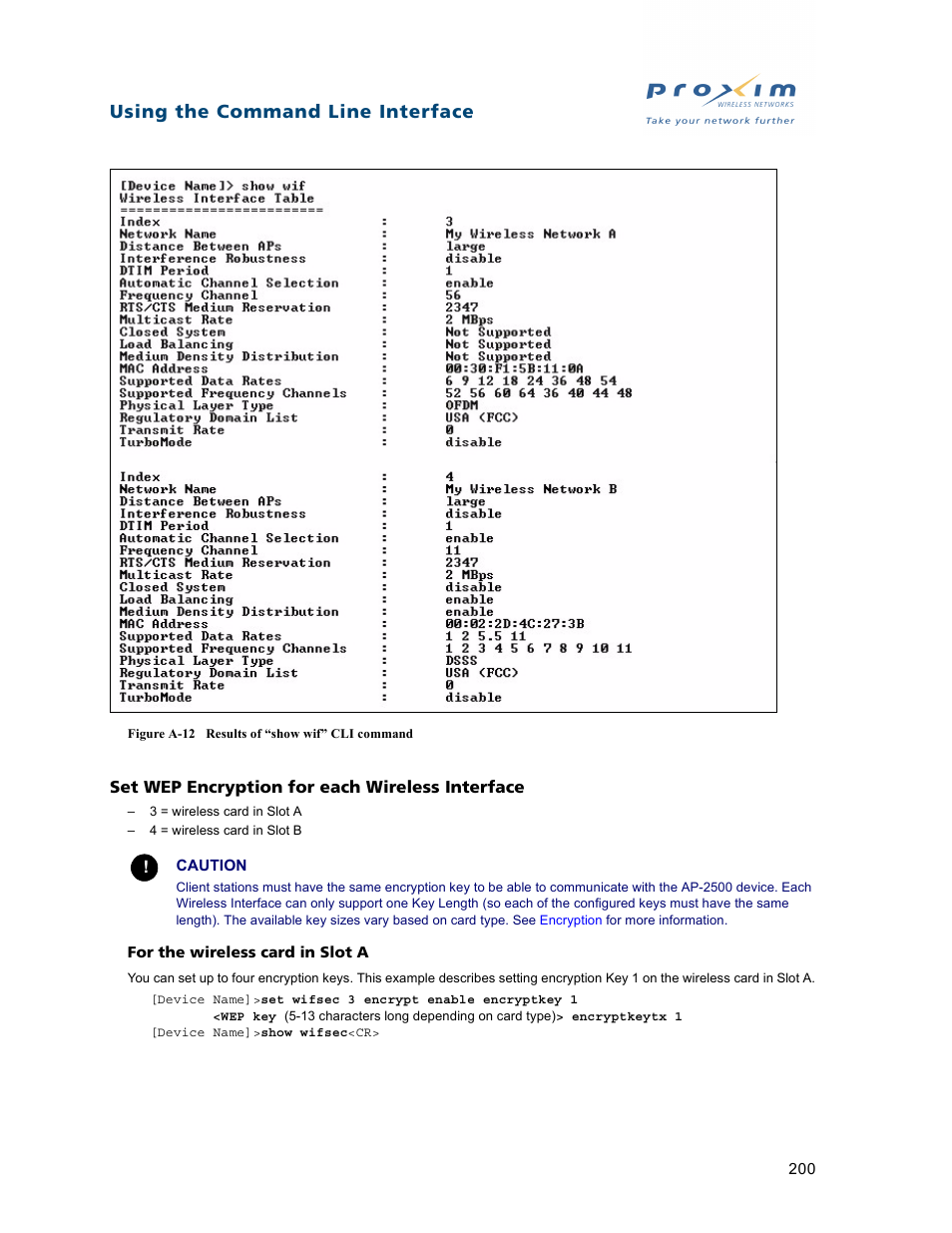 Set wep encryption for each wireless interface, Using the command line interface | Proxim ORiNOCO AP-2500 User Manual | Page 200 / 250