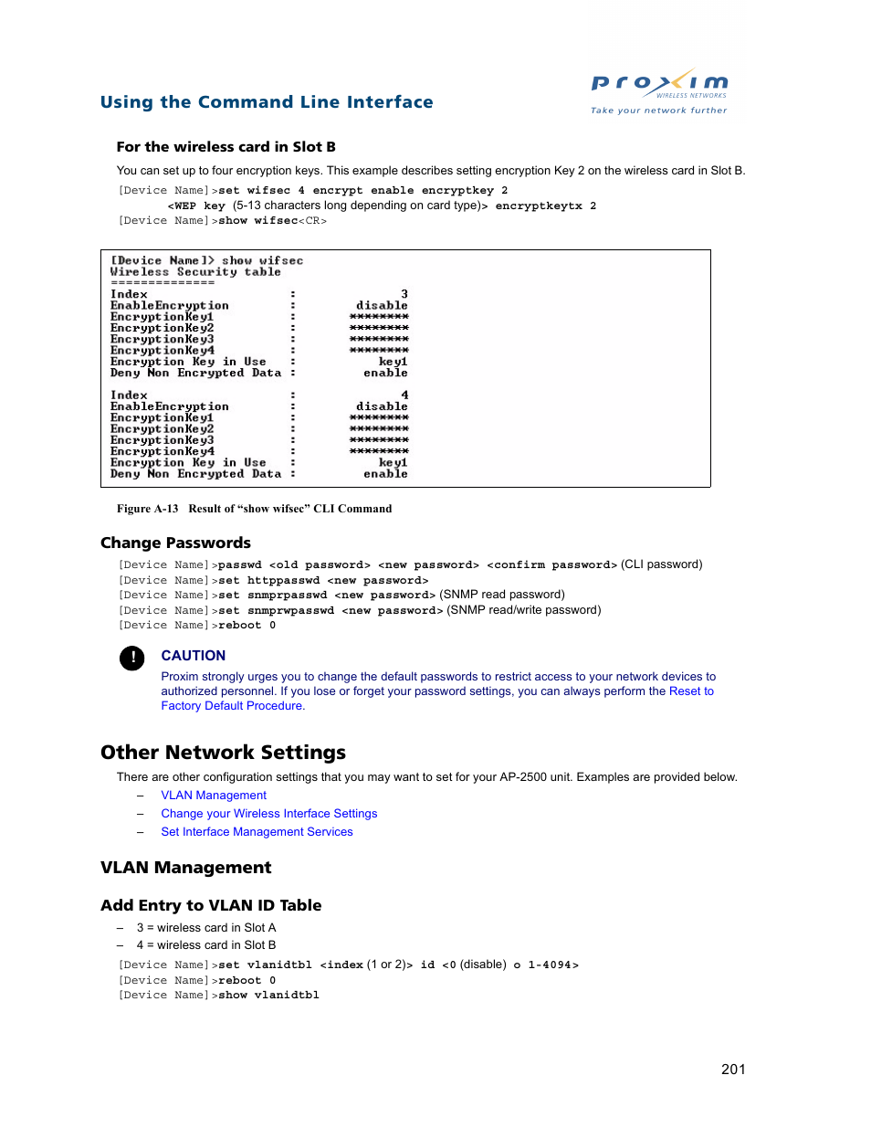 Other network settings, Vlan management, Change passwords | Add entry to vlan id table, Using the command line interface | Proxim ORiNOCO AP-2500 User Manual | Page 201 / 250