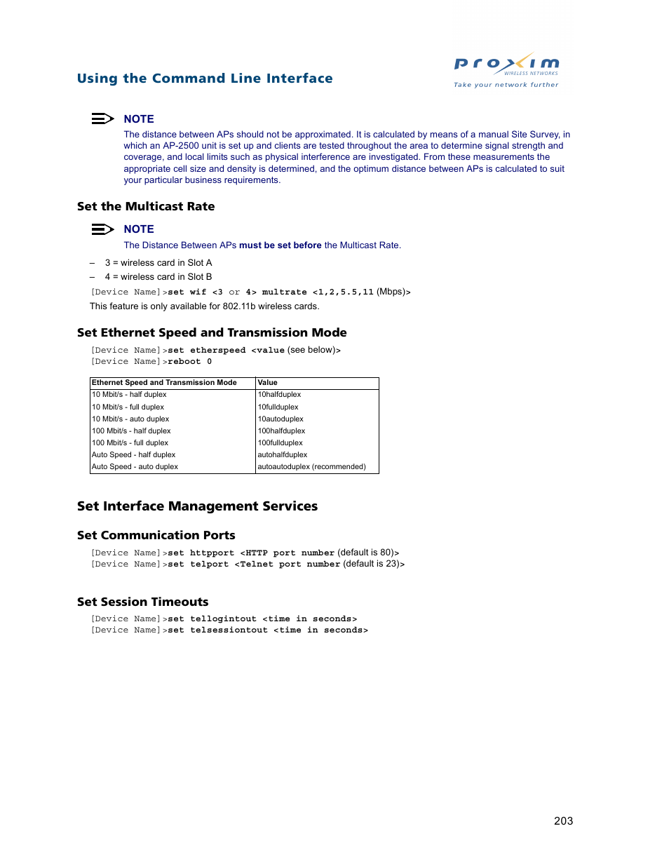 Set interface management services, Set communication ports set session timeouts, Using the command line interface | Set the multicast rate, Set ethernet speed and transmission mode, Set communication ports, Set session timeouts | Proxim ORiNOCO AP-2500 User Manual | Page 203 / 250