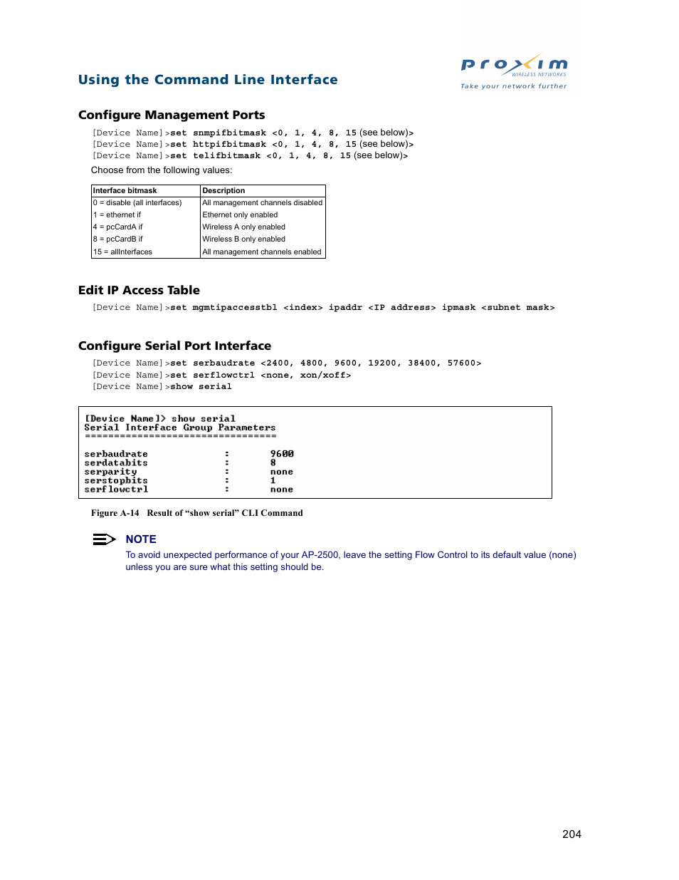 Using the command line interface, Configure management ports, Edit ip access table | Configure serial port interface | Proxim ORiNOCO AP-2500 User Manual | Page 204 / 250