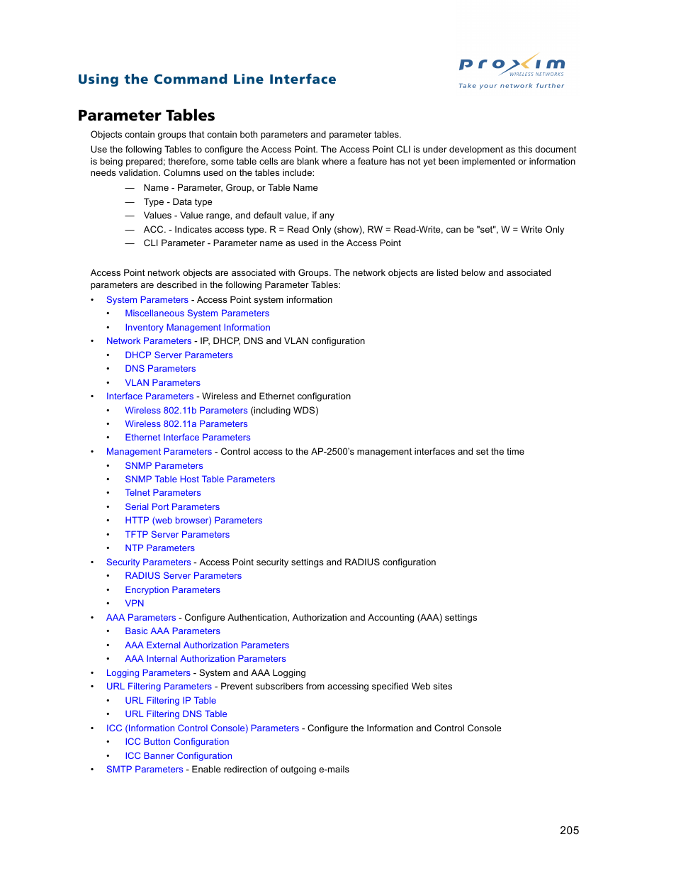 Parameter tables, Using the command line interface | Proxim ORiNOCO AP-2500 User Manual | Page 205 / 250