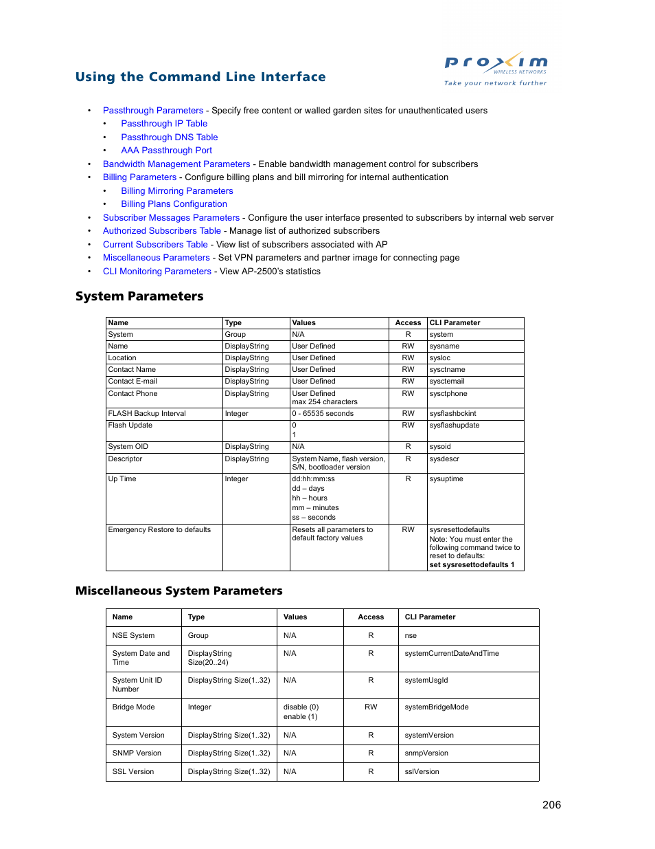 System parameters, Miscellaneous system parameters, Using the command line interface | Proxim ORiNOCO AP-2500 User Manual | Page 206 / 250