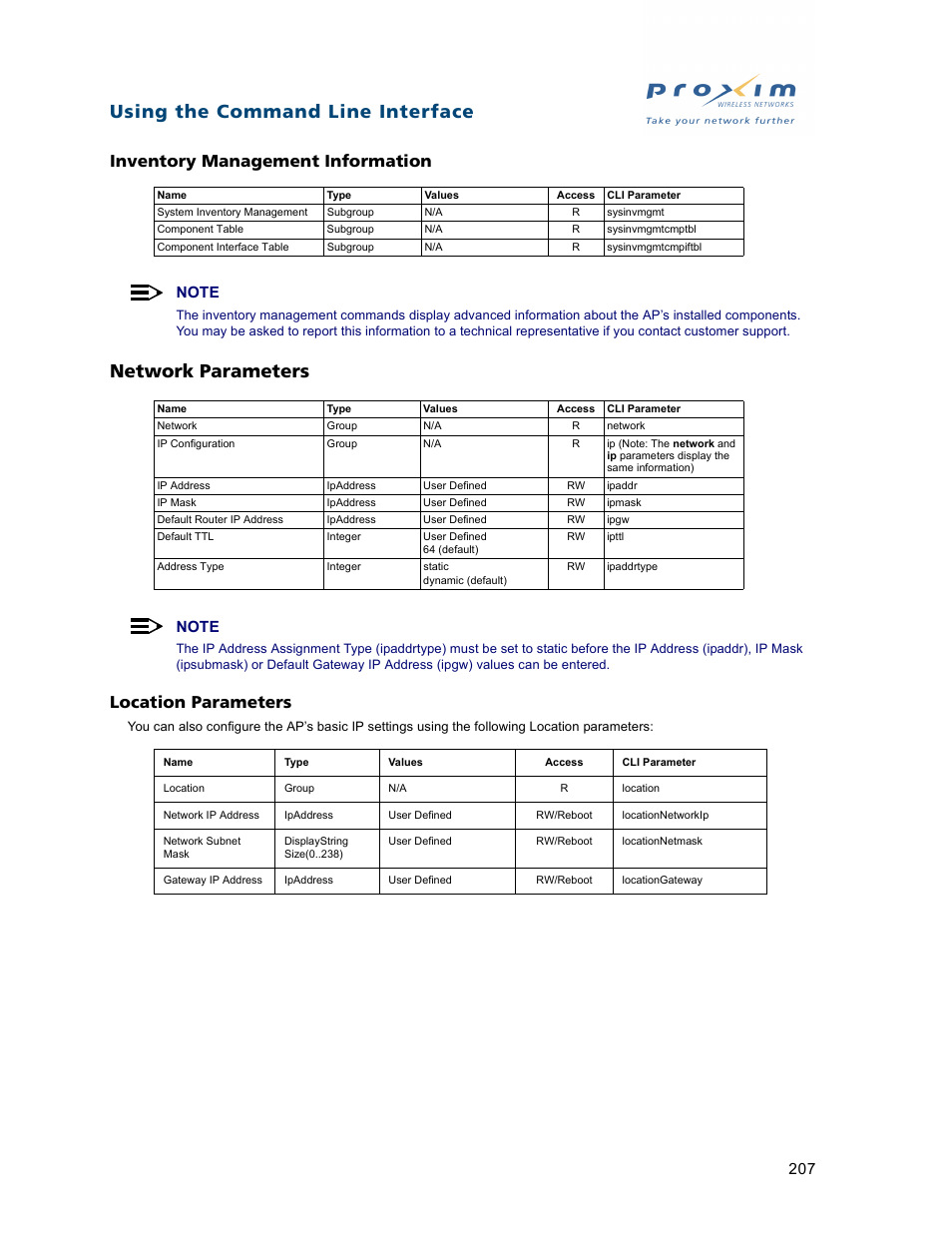 Network parameters, Inventory management information, Location parameters | Using the command line interface | Proxim ORiNOCO AP-2500 User Manual | Page 207 / 250