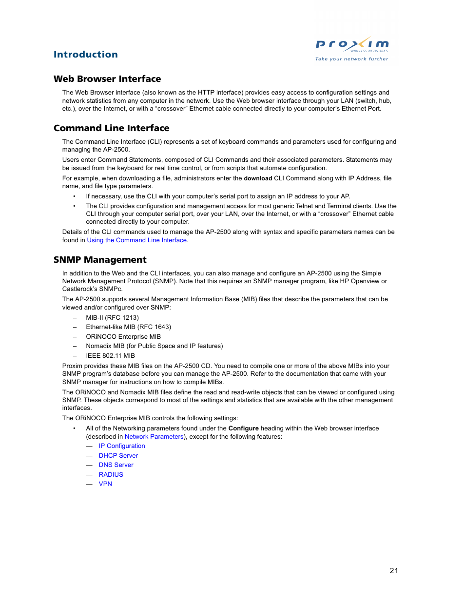 Web browser interface, Command line interface, Snmp management | Introduction web browser interface | Proxim ORiNOCO AP-2500 User Manual | Page 21 / 250