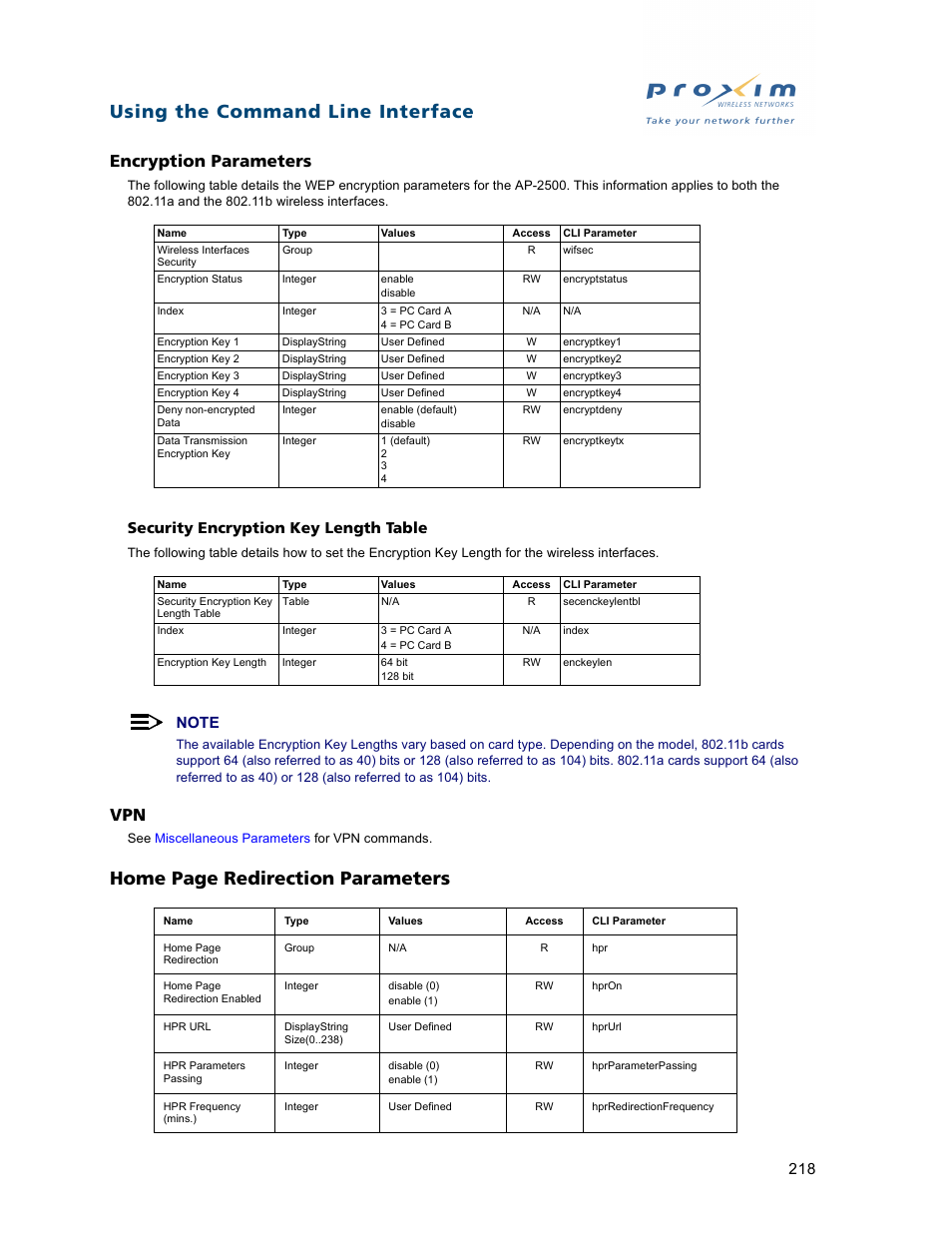 Encryption parameters vpn, Encryption parameters, Using the command line interface | Home page redirection parameters, Security encryption key length table | Proxim ORiNOCO AP-2500 User Manual | Page 218 / 250