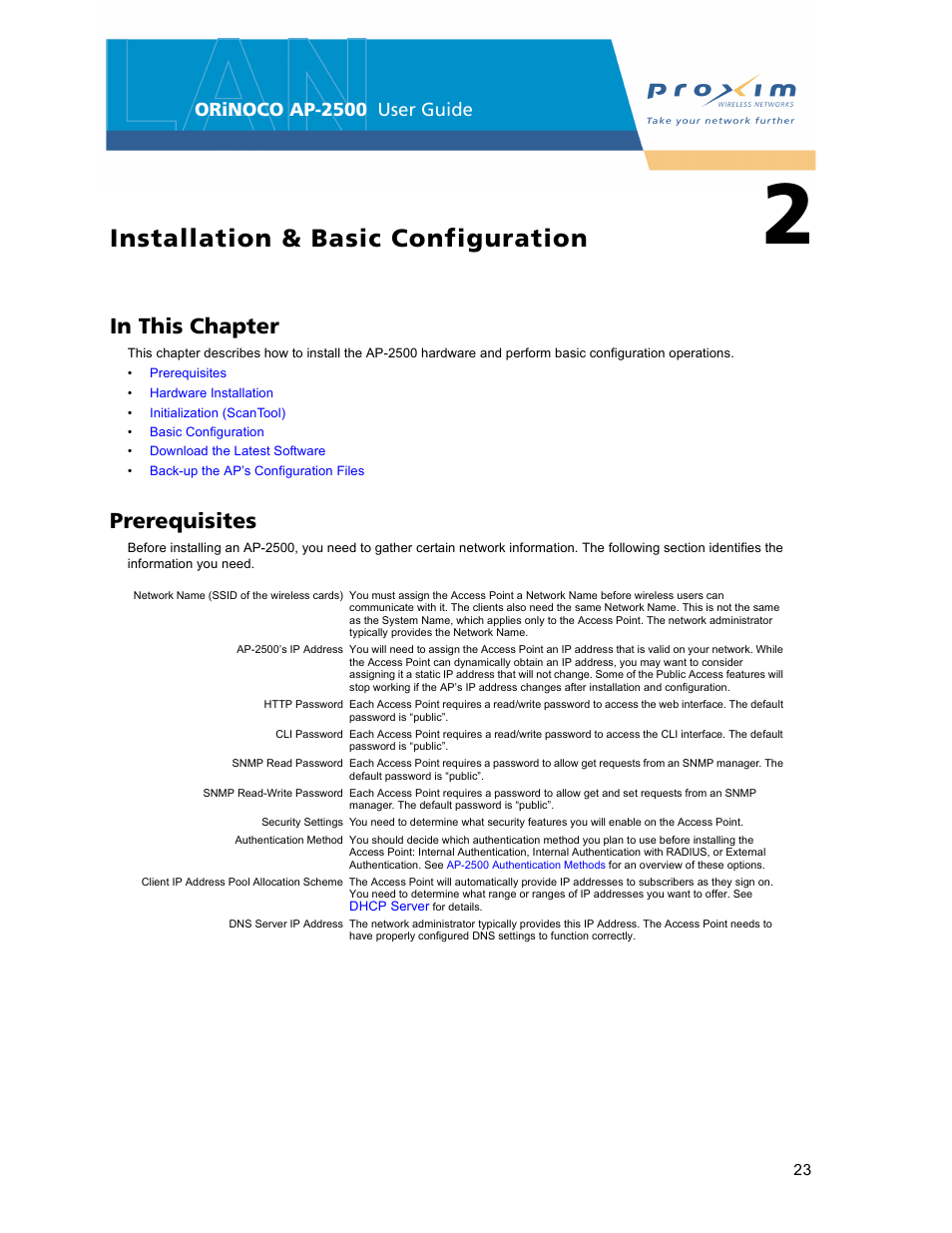 Installation & basic configuration, Prerequisites, 2 installation & basic configuration | Orinoco ap-2500 user guide | Proxim ORiNOCO AP-2500 User Manual | Page 23 / 250