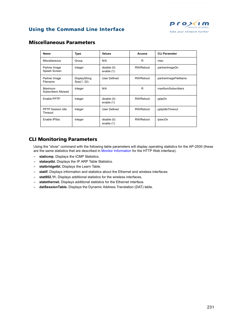 Miscellaneous parameters, Cli monitoring parameters, Miscellaneous parameters cli monitoring parameters | Proxim ORiNOCO AP-2500 User Manual | Page 231 / 250