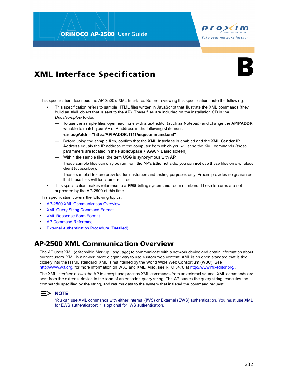 Xml interface specification, Ap2500 xml communication overview, B xml interface specification | Ap-2500 xml communication overview, Interface specification | Proxim ORiNOCO AP-2500 User Manual | Page 232 / 250