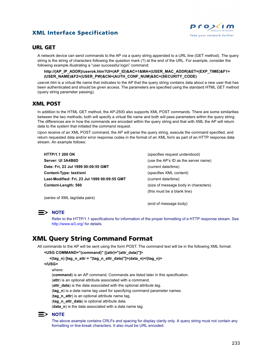 Url get, Xml post, Xml query string command format | Url get xml post, Xml interface specification url get | Proxim ORiNOCO AP-2500 User Manual | Page 233 / 250