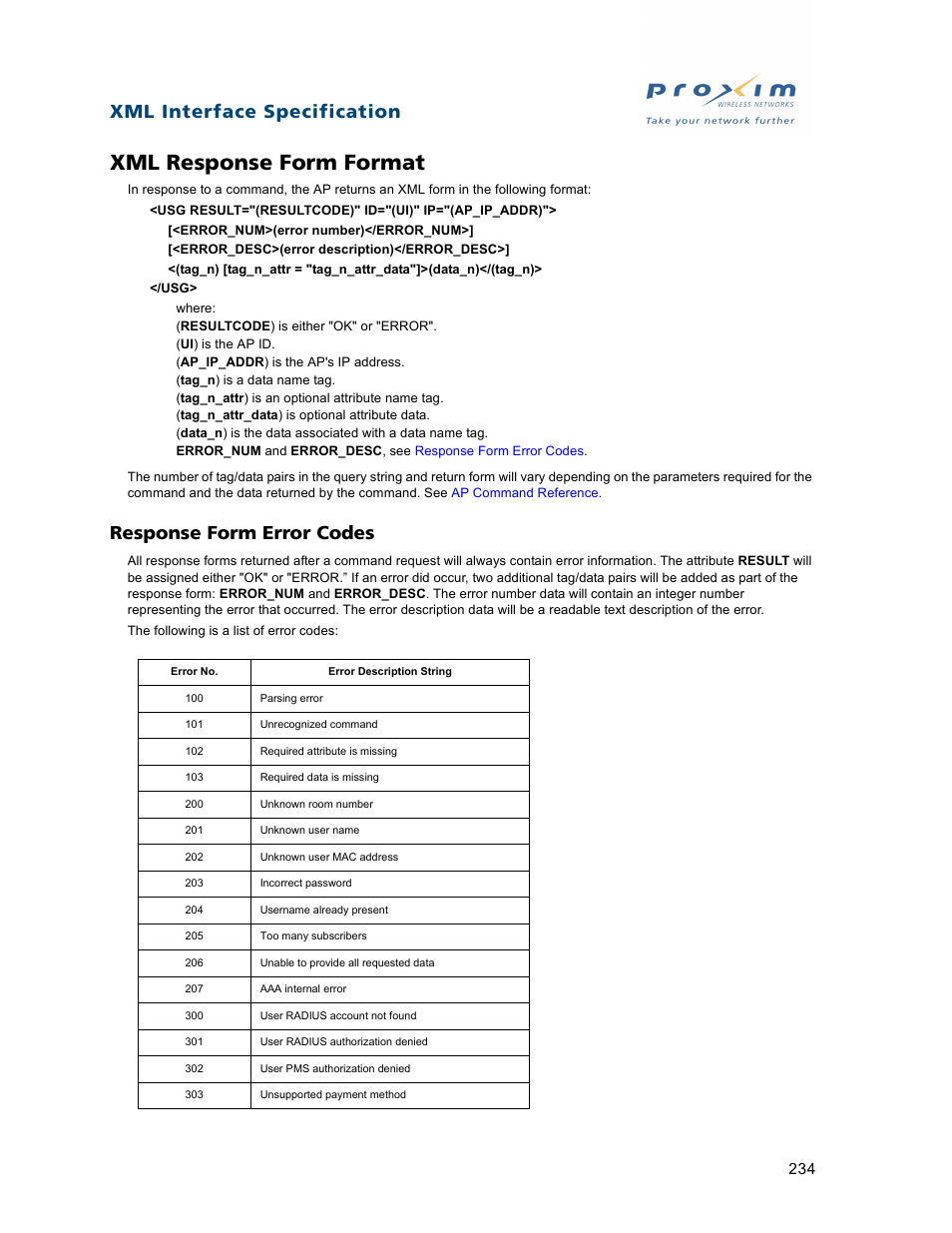 Xml response form format, Response form error codes, Xml interface specification | Proxim ORiNOCO AP-2500 User Manual | Page 234 / 250