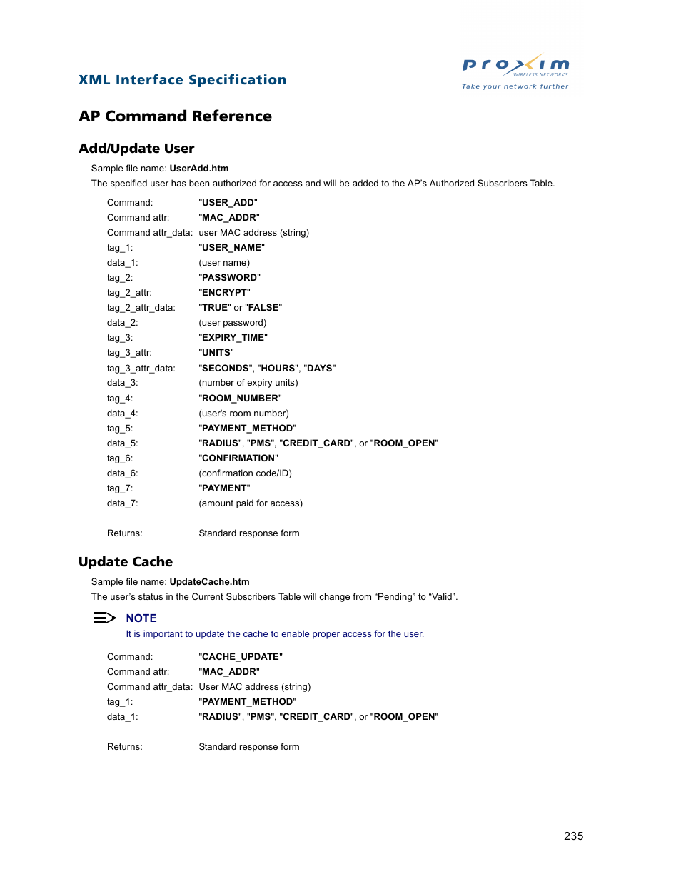 Ap command reference, Add/update user, Update cache | Add/update user update cache, Xml interface specification | Proxim ORiNOCO AP-2500 User Manual | Page 235 / 250