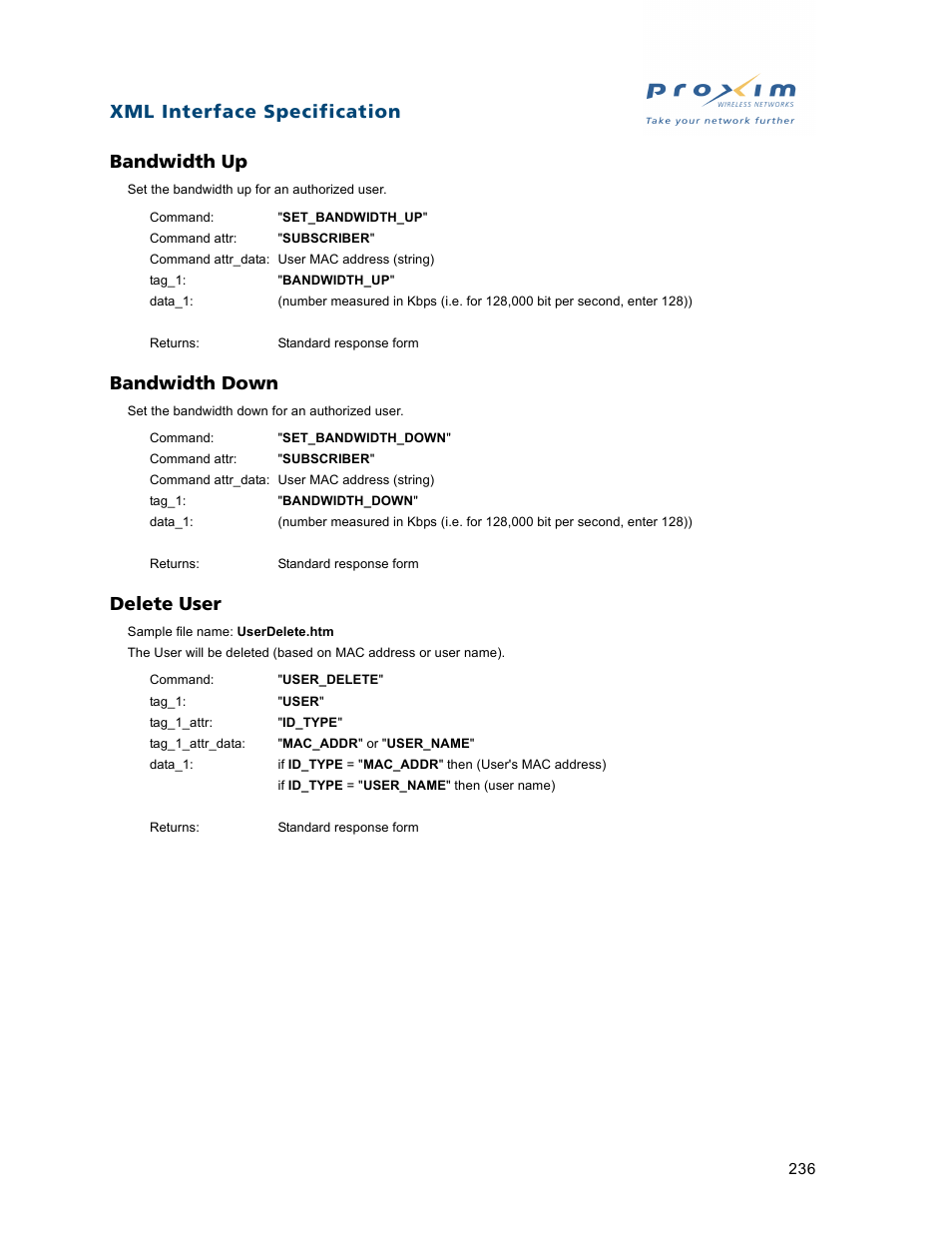 Bandwidth up, Bandwidth down, Delete user | Bandwidth up bandwidth down delete user, Xml interface specification bandwidth up | Proxim ORiNOCO AP-2500 User Manual | Page 236 / 250