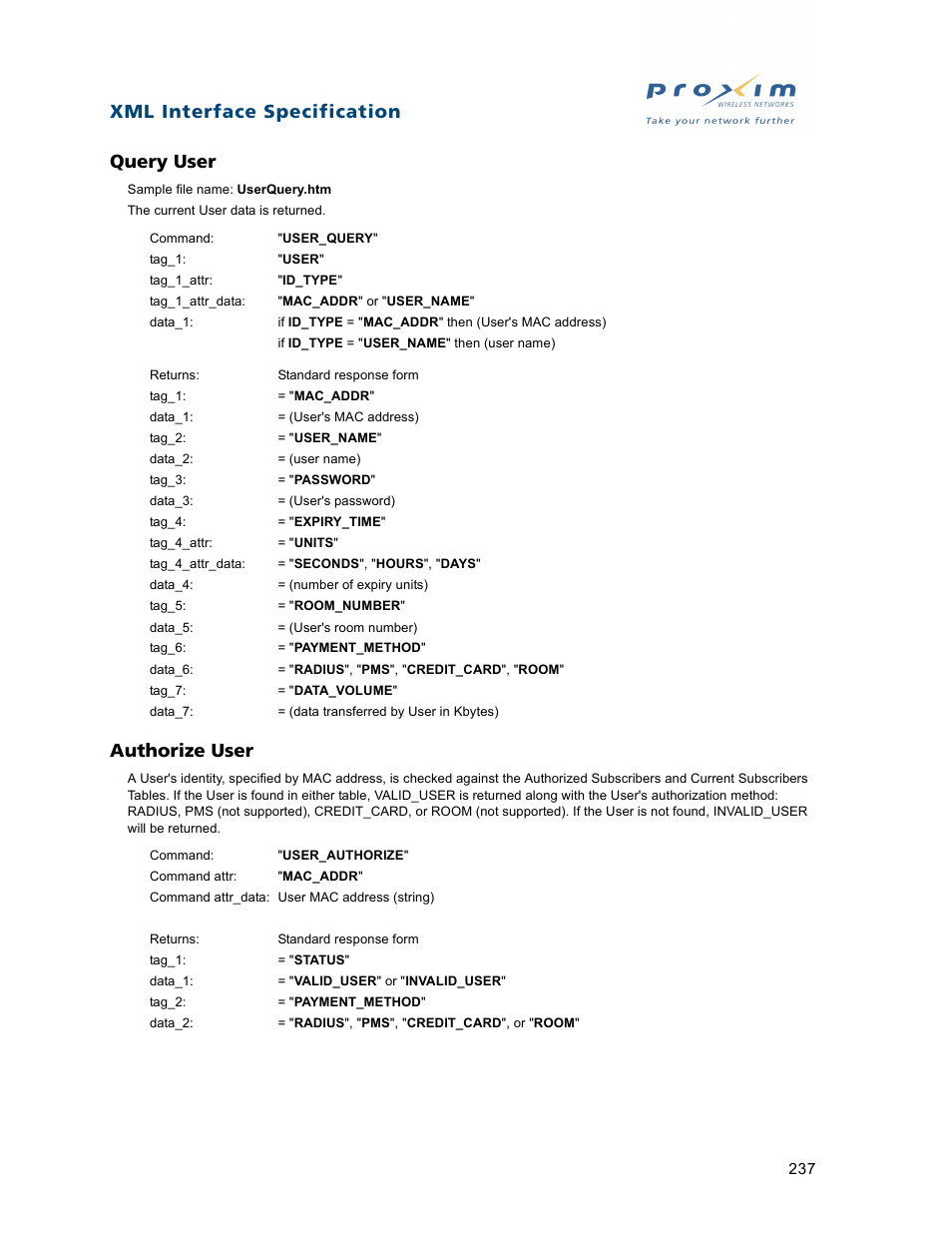 Query user, Authorize user, Query user authorize user | Xml interface specification query user | Proxim ORiNOCO AP-2500 User Manual | Page 237 / 250