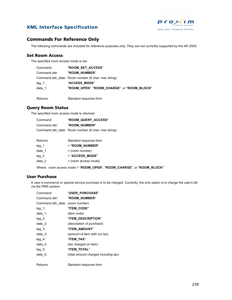 Commands for reference only, Set room access query room status user purchase, Set room access | Query room status, User purchase | Proxim ORiNOCO AP-2500 User Manual | Page 238 / 250