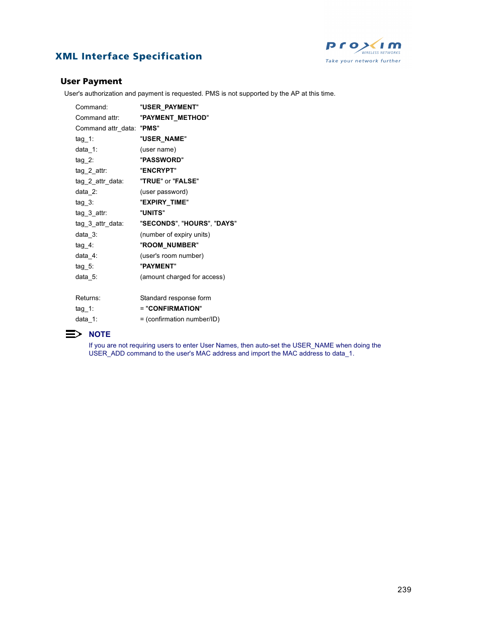 User payment, Xml interface specification | Proxim ORiNOCO AP-2500 User Manual | Page 239 / 250