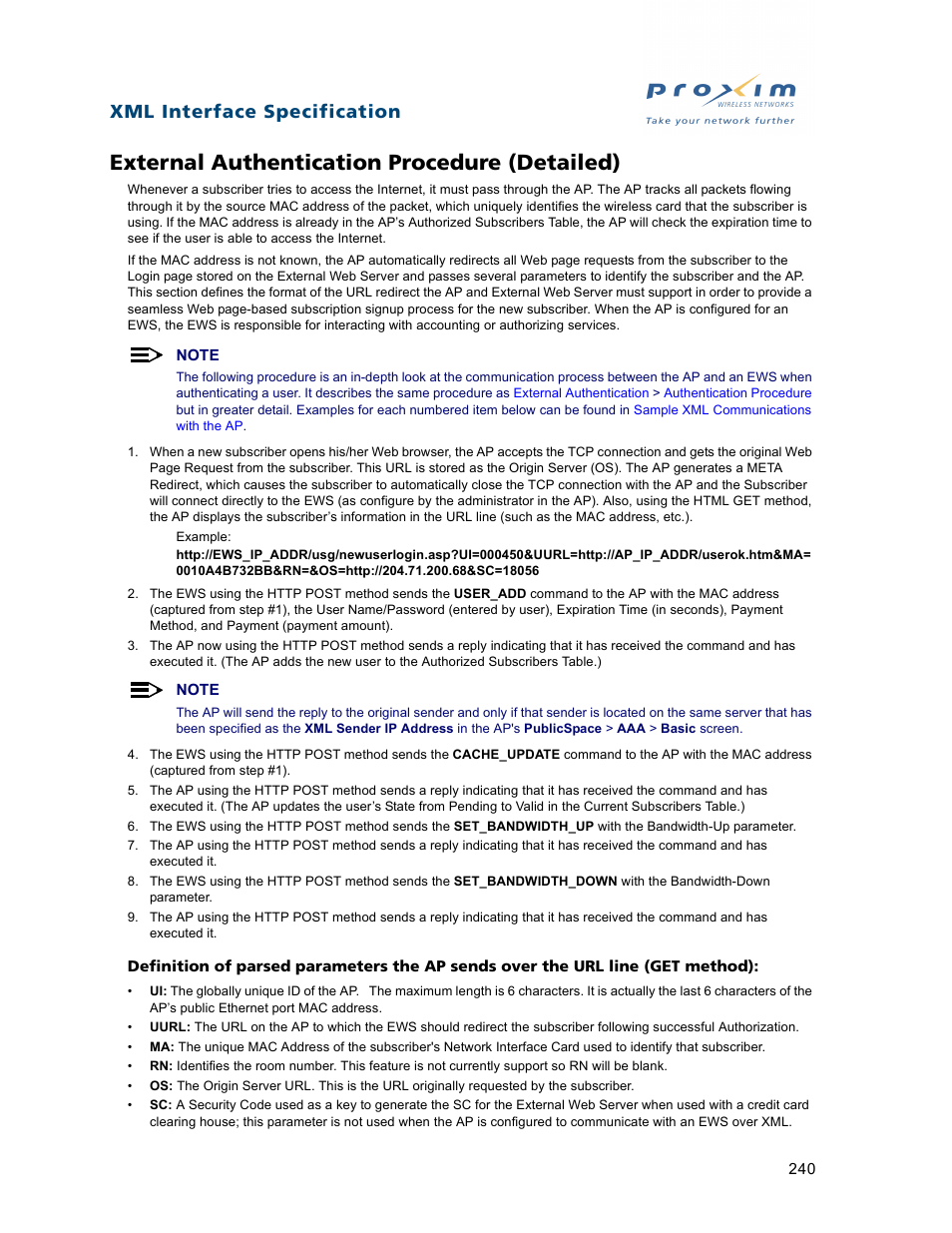 External authentication procedure (detailed), Xml interface specification | Proxim ORiNOCO AP-2500 User Manual | Page 240 / 250