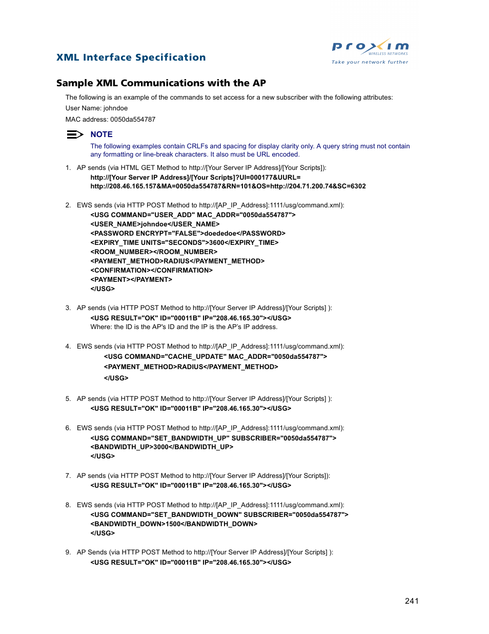 Sample xml communications with the ap, Sample xml communications, With the ap | Proxim ORiNOCO AP-2500 User Manual | Page 241 / 250