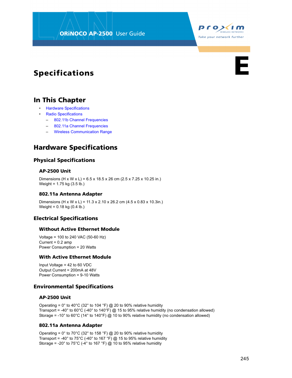 Specifications, Hardware specifications, E specifications | Electrical specifications | Proxim ORiNOCO AP-2500 User Manual | Page 245 / 250