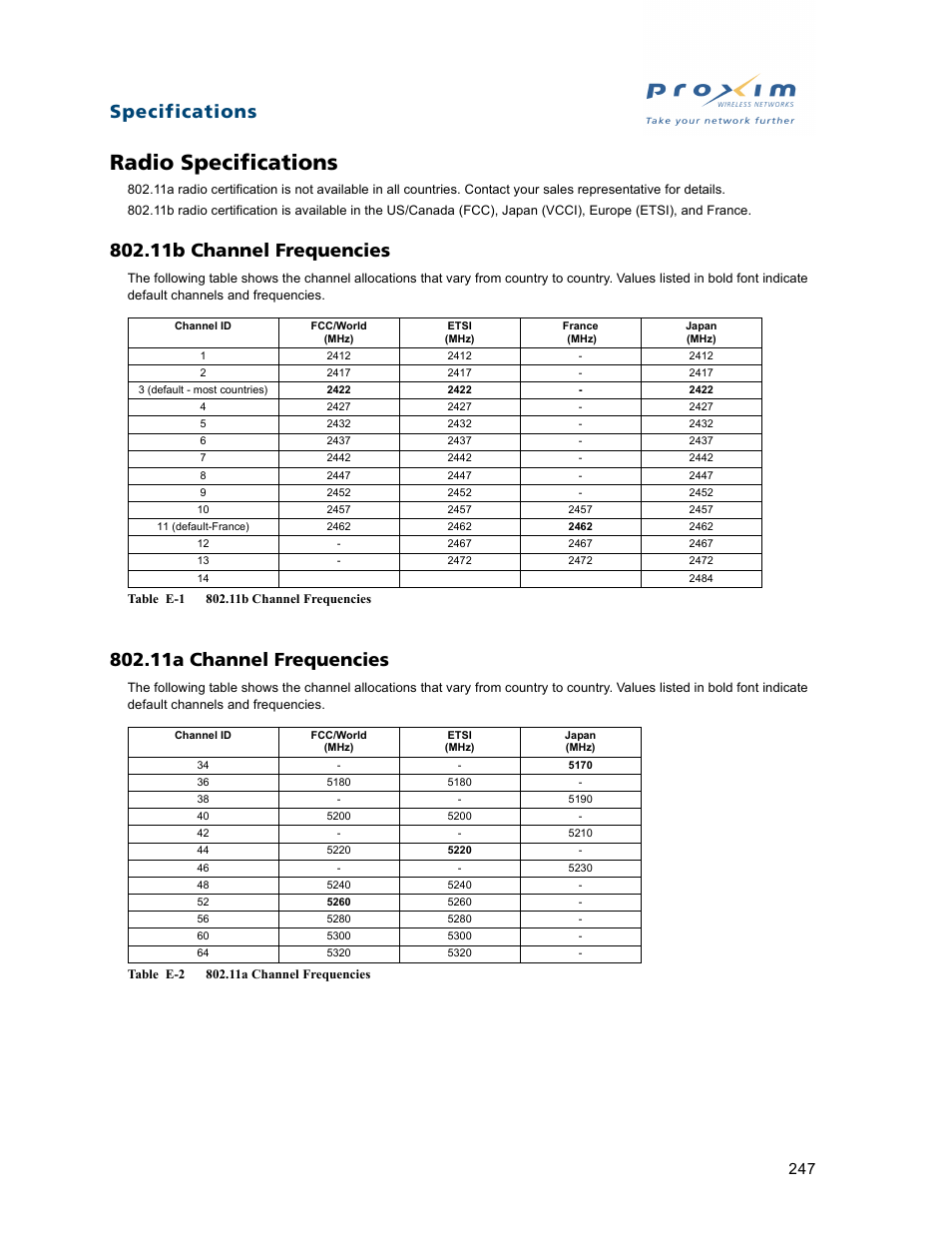 Radio specifications, 11b channel frequencies, 11a channel frequencies | Channel frequencies, Specifications | Proxim ORiNOCO AP-2500 User Manual | Page 247 / 250