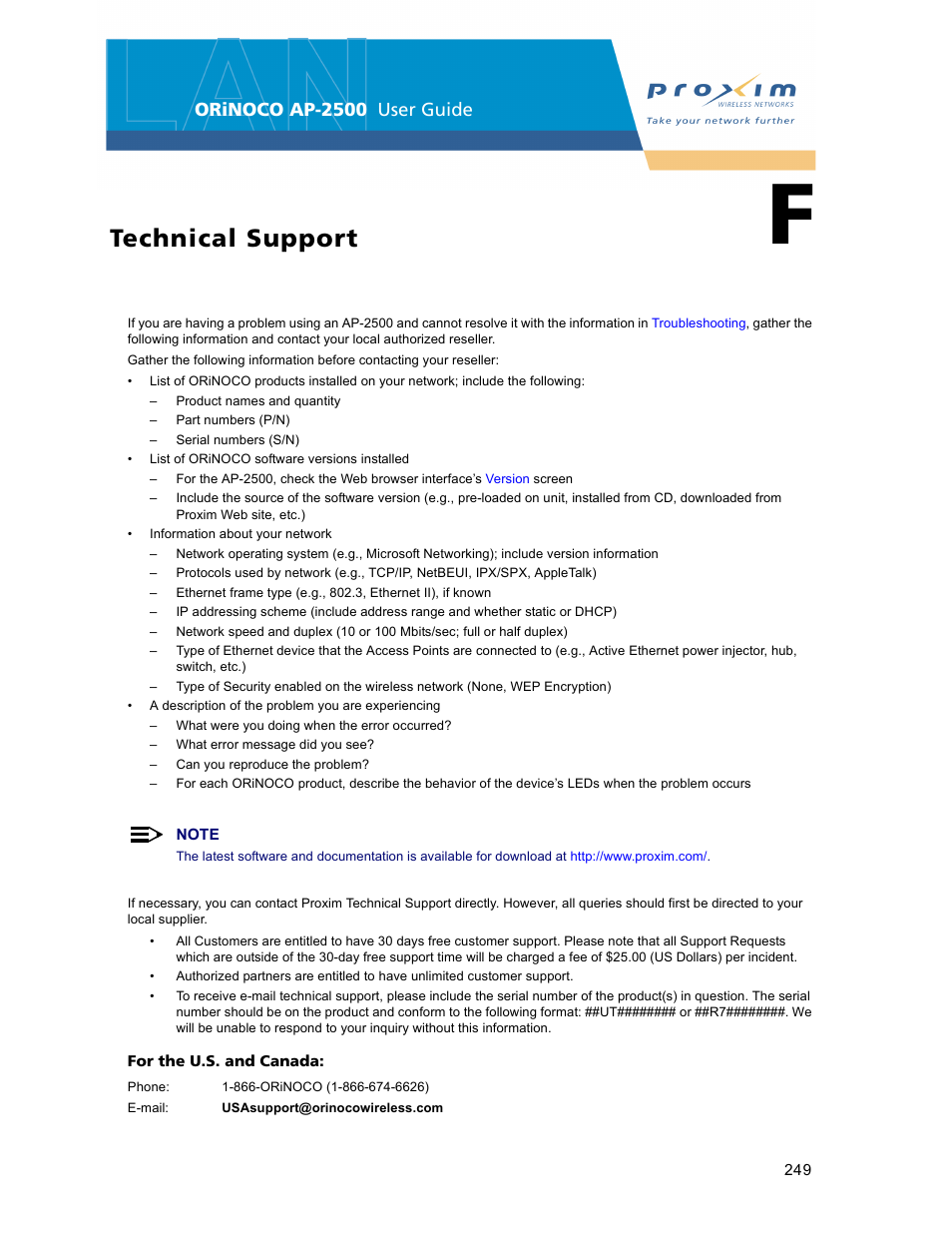 Technical support, F technical support, Orinoco ap-2500 user guide | Proxim ORiNOCO AP-2500 User Manual | Page 249 / 250