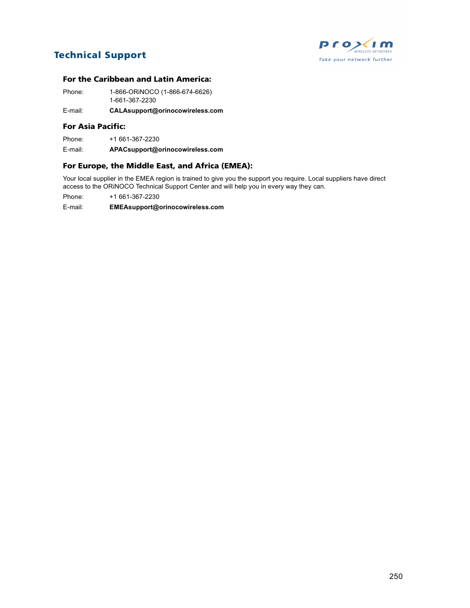 Technical support | Proxim ORiNOCO AP-2500 User Manual | Page 250 / 250
