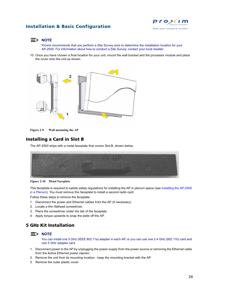 Installing a card in slot b, 5 ghz kit installation, Installing a card in slot b 5 ghz kit installation | Installation & basic configuration | Proxim ORiNOCO AP-2500 User Manual | Page 28 / 250