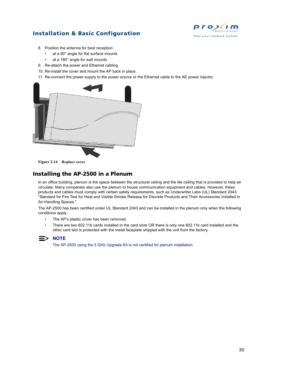 Installing the ap2500 in a plenum, Installing the ap-2500 in a plenum, Installing the ap-2500 | In a plenum, Installation & basic configuration | Proxim ORiNOCO AP-2500 User Manual | Page 30 / 250