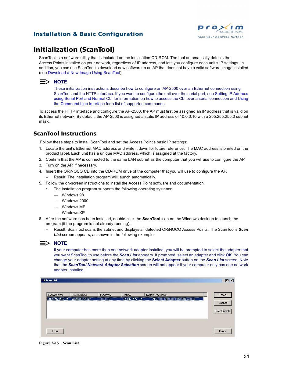 Initialization (scantool), Scantool instructions, Installation & basic configuration | Proxim ORiNOCO AP-2500 User Manual | Page 31 / 250