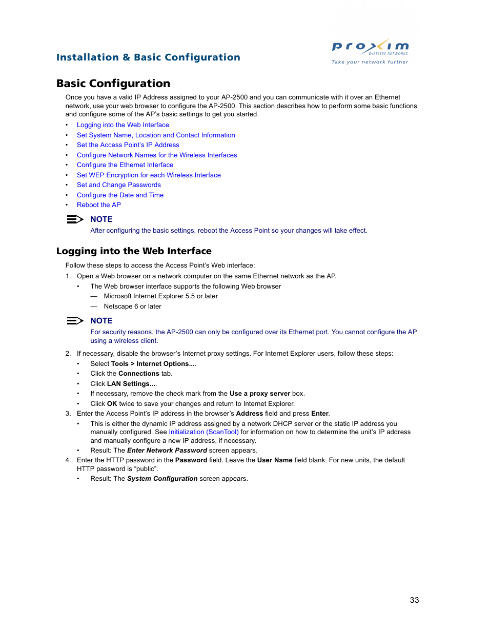 Basic configuration, Logging into the web interface, Installation & basic configuration | Proxim ORiNOCO AP-2500 User Manual | Page 33 / 250