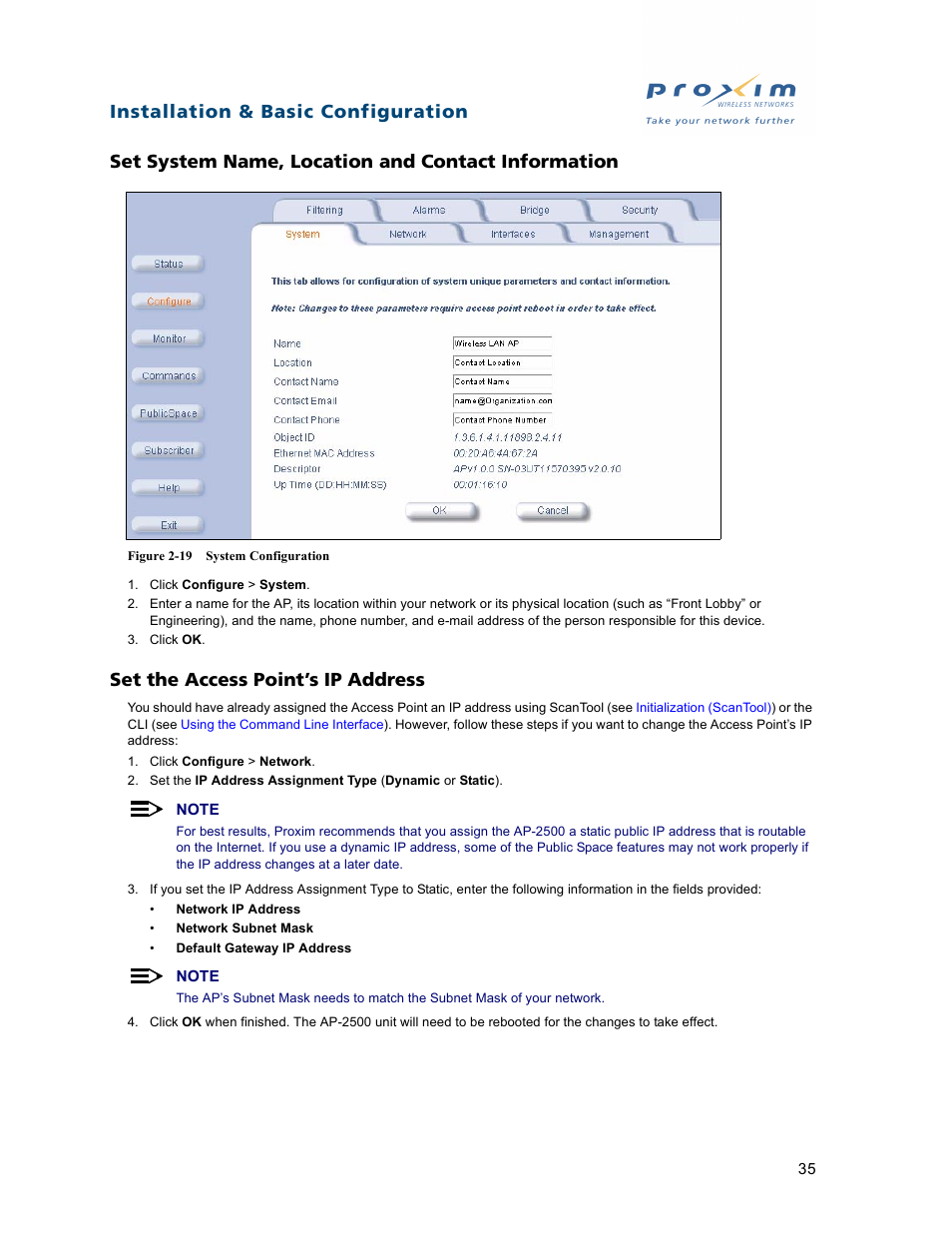 Set system name, location and contact information, Set the access point’s ip address | Proxim ORiNOCO AP-2500 User Manual | Page 35 / 250