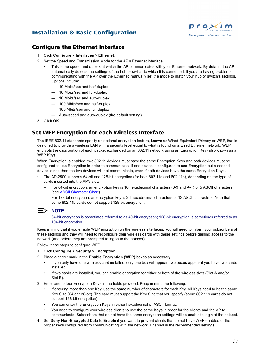 Configure the ethernet interface, Set wep encryption for each wireless interface | Proxim ORiNOCO AP-2500 User Manual | Page 37 / 250