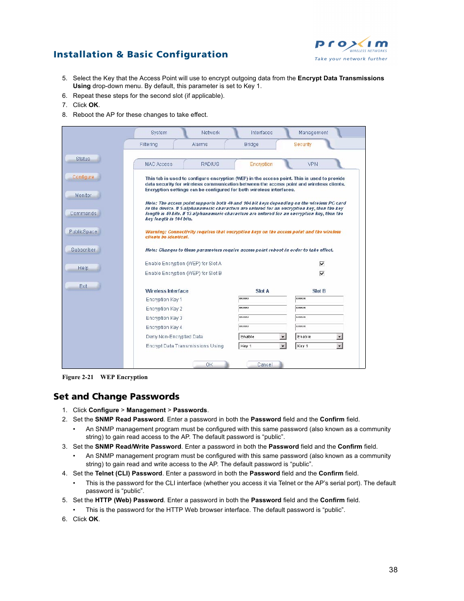 Set and change passwords, Installation & basic configuration | Proxim ORiNOCO AP-2500 User Manual | Page 38 / 250