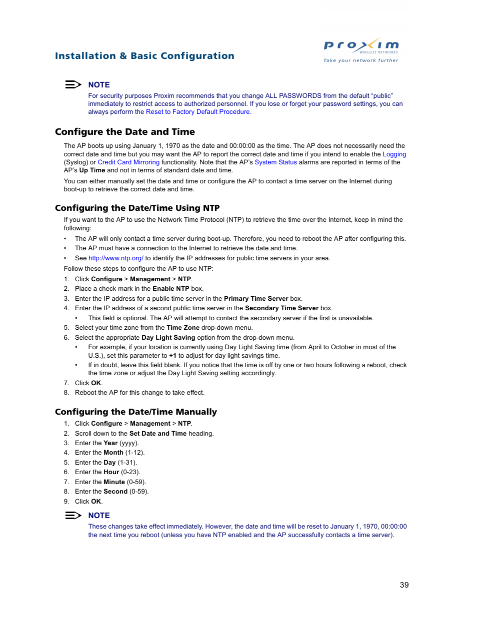 Configure the date and time, Installation & basic configuration | Proxim ORiNOCO AP-2500 User Manual | Page 39 / 250