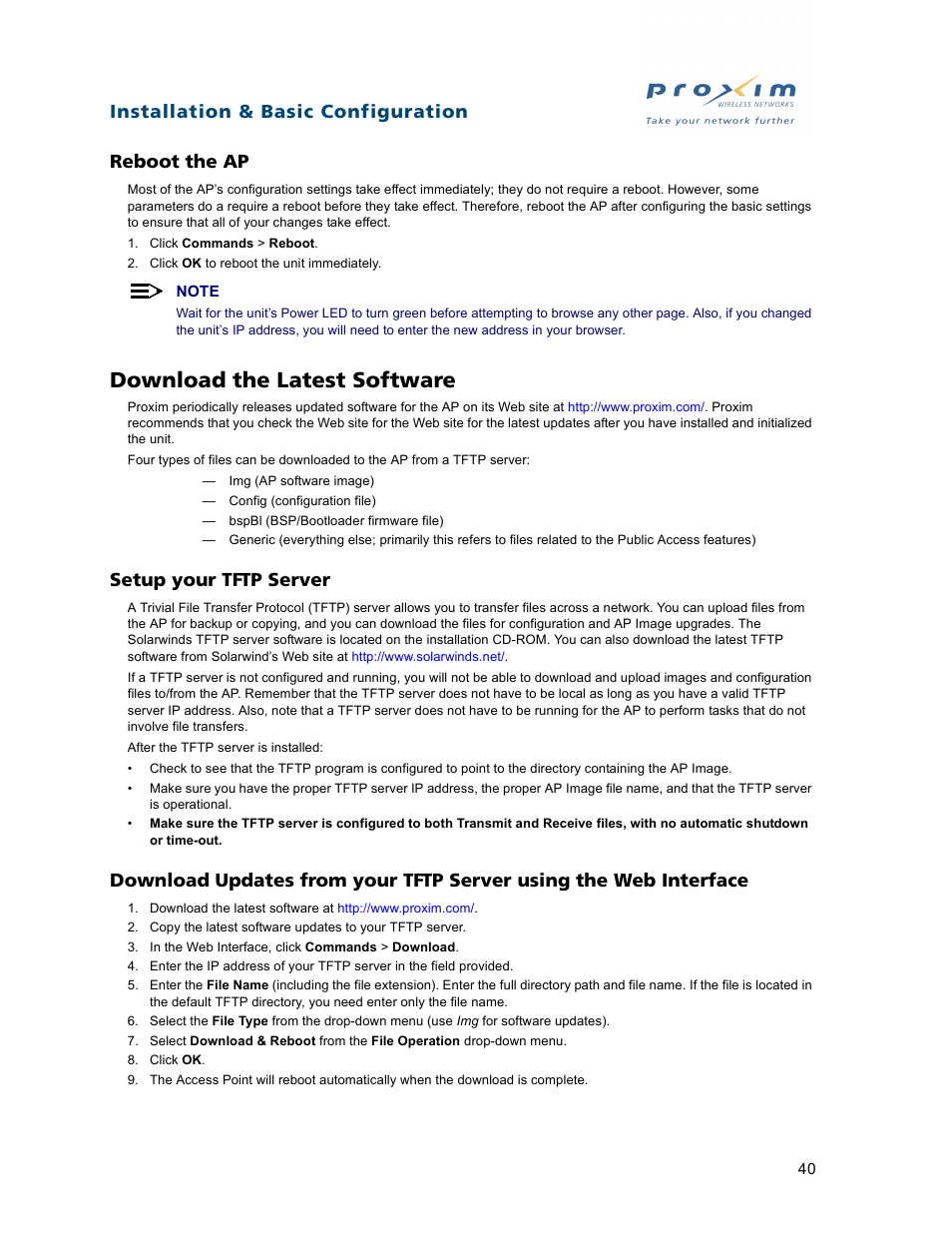 Reboot the ap, Download the latest software, Setup your tftp server | Installation & basic configuration reboot the ap | Proxim ORiNOCO AP-2500 User Manual | Page 40 / 250