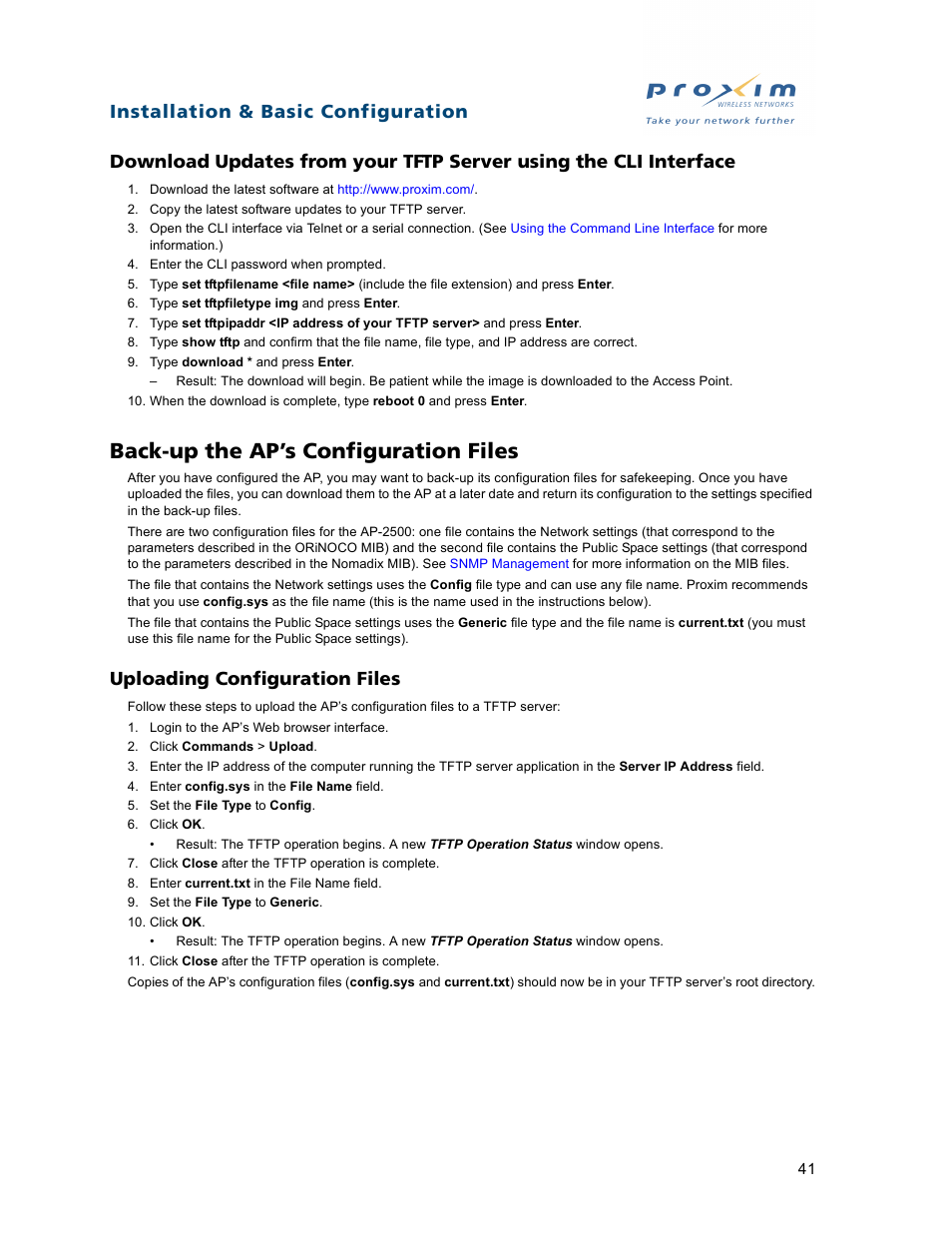 Back-up the ap’s configuration files, Uploading configuration files | Proxim ORiNOCO AP-2500 User Manual | Page 41 / 250
