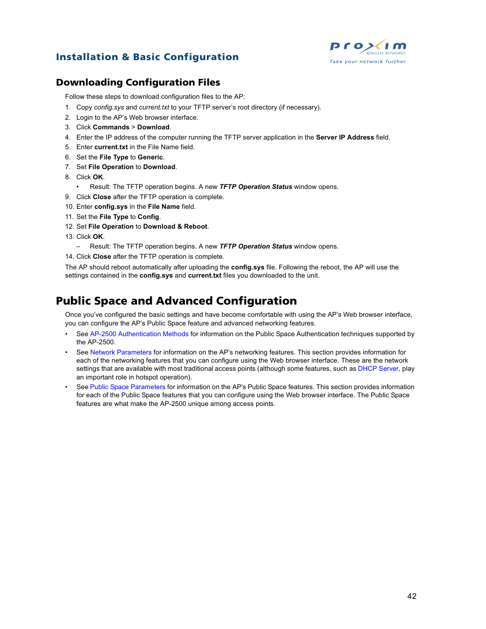 Downloading configuration files, Public space and advanced configuration | Proxim ORiNOCO AP-2500 User Manual | Page 42 / 250