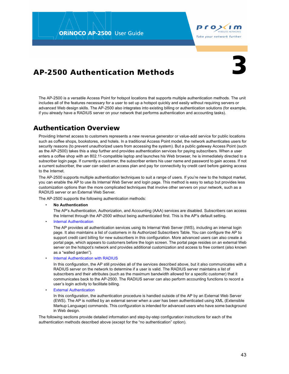 Ap2500 authentication methods, Authentication overview, 3 ap-2500 authentication methods | Ap-2500 authentication methods | Proxim ORiNOCO AP-2500 User Manual | Page 43 / 250