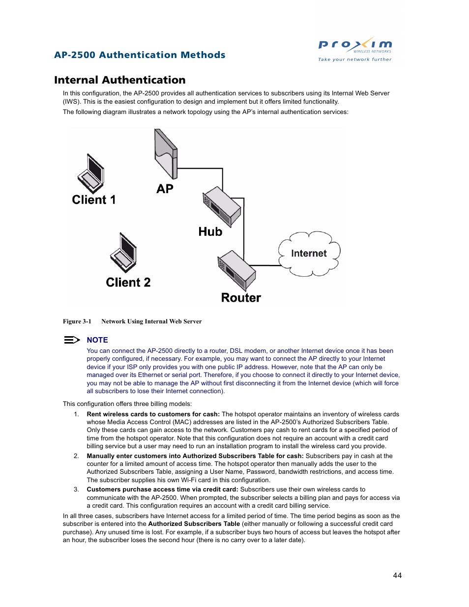 Internal authentication, Ap-2500 authentication methods | Proxim ORiNOCO AP-2500 User Manual | Page 44 / 250