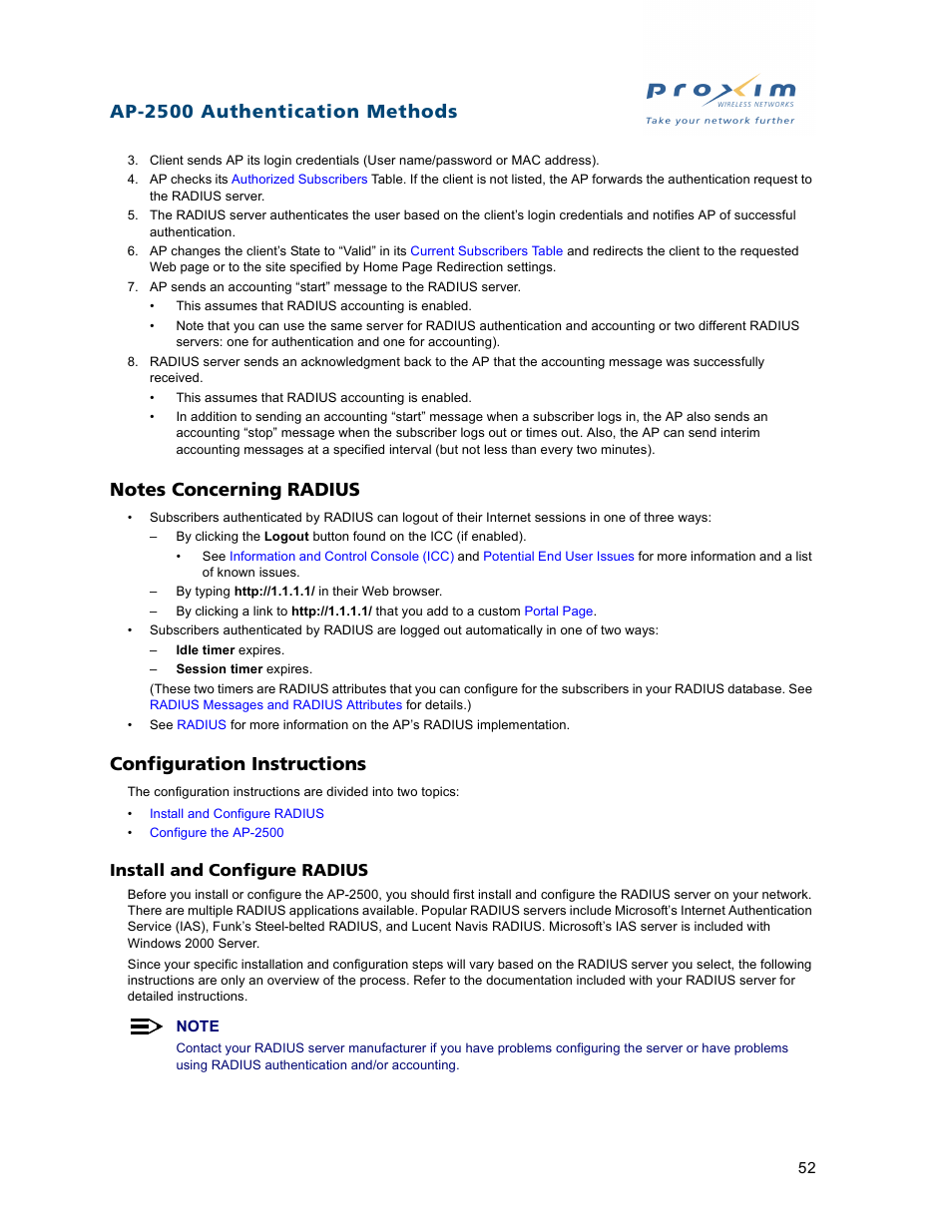 Notes concerning radius, Configuration instructions, Notes concerning radius configuration instructions | Install and configure radius, Ap-2500 authentication methods | Proxim ORiNOCO AP-2500 User Manual | Page 52 / 250